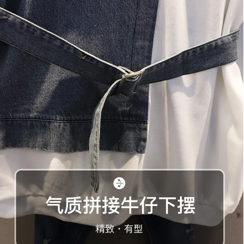 

Vefadisa Black White Denim Patchwork Women Sweatshirt 2021 Autumn Stitching Color Pullover Coat Plus Size Female Caot QYF5927