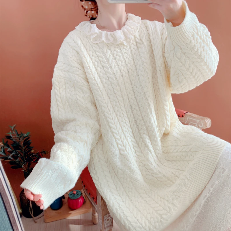 

Женский осенне-зимний японский вязаный свитер средней длины с круглым вырезом