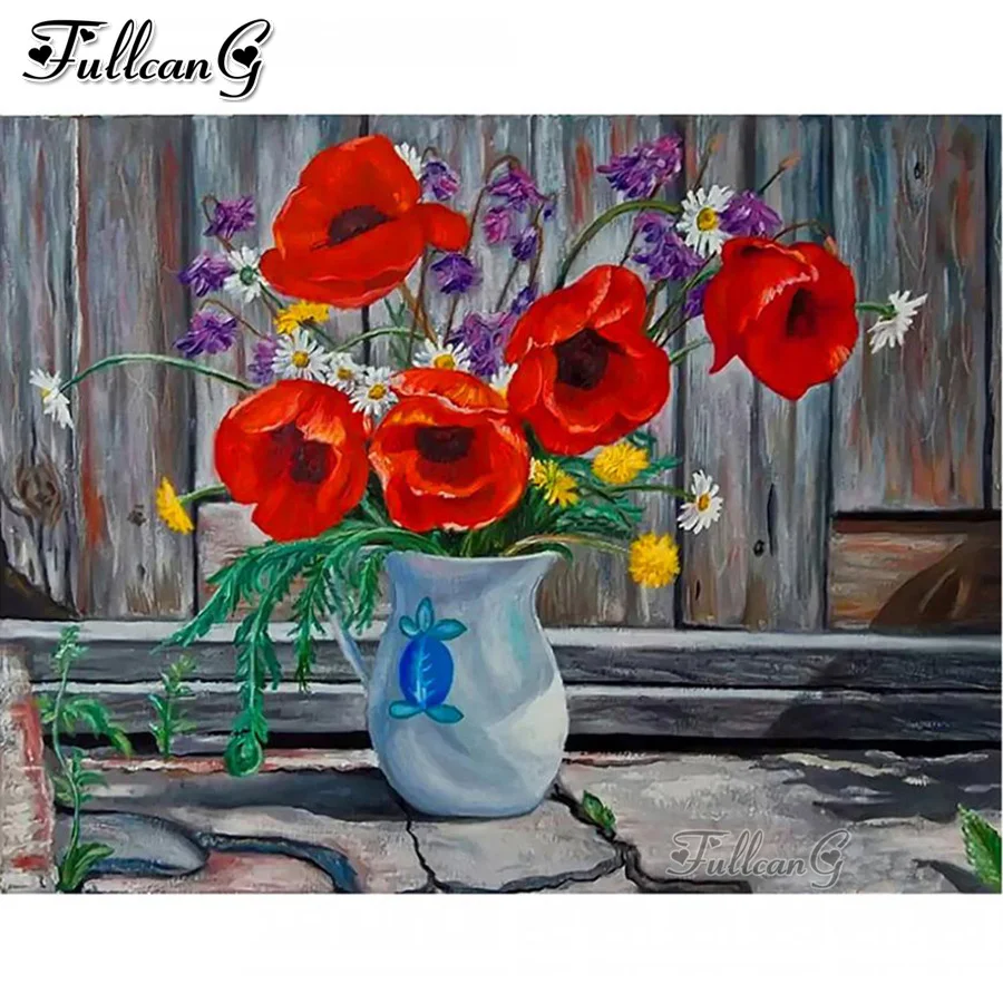 

FULLCANG Still life red flowers 5d diamond painting full rhinestone embroidery mosaic picture cross stitch kits vase arts FG0333
