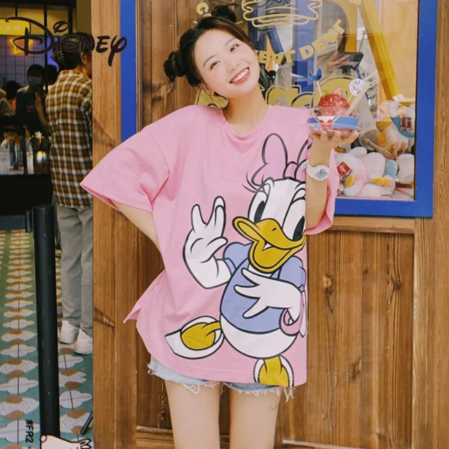 

Disney spring/summer laid-back styleversatileloose medium length top lady Donald Duck Daisy printed cotton short-sleeved T-shirt