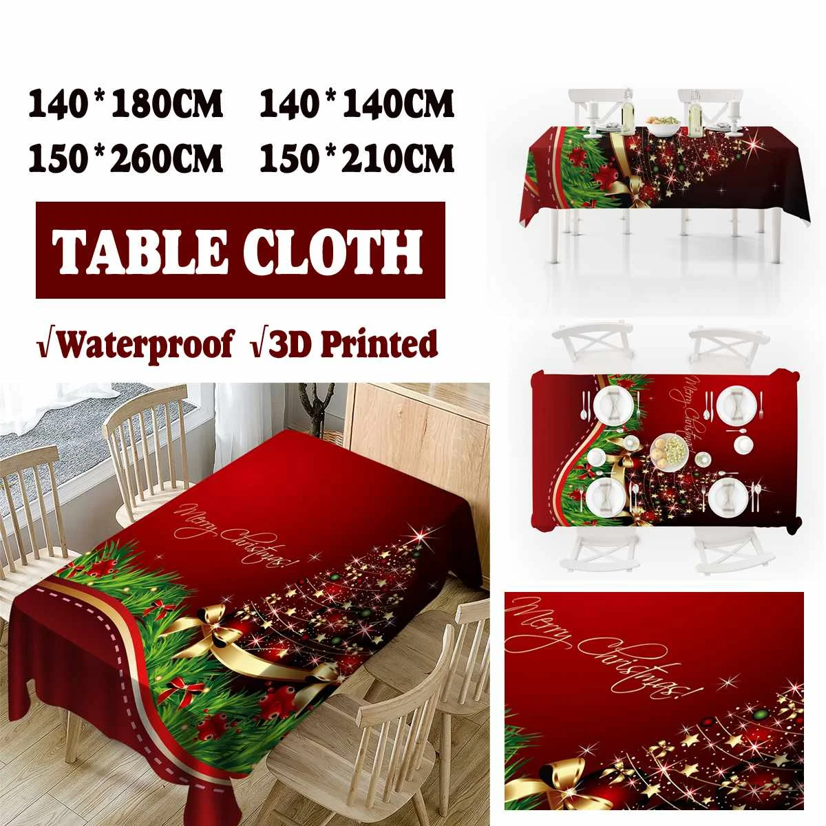 3D Водонепроницаемая прямоугольная скатерть с принтом Рождественская елка