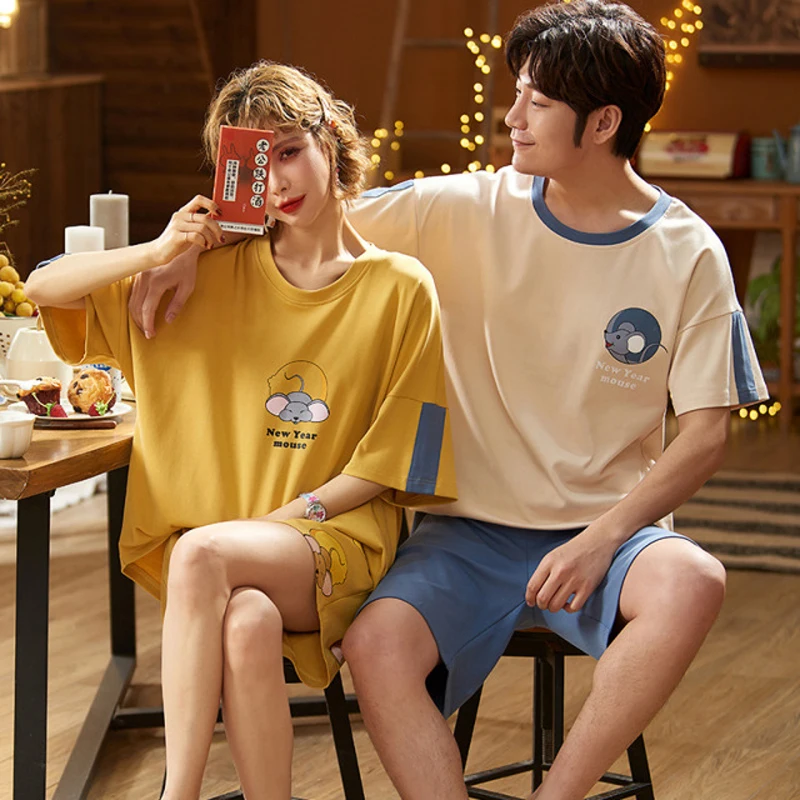 

SLPBELY Couple Pajamas Set Homewear Summer Lovely Cartoon Dinosaur Short Sleeve Pyjamas Lover Sleepwear Nightwear Homechothes