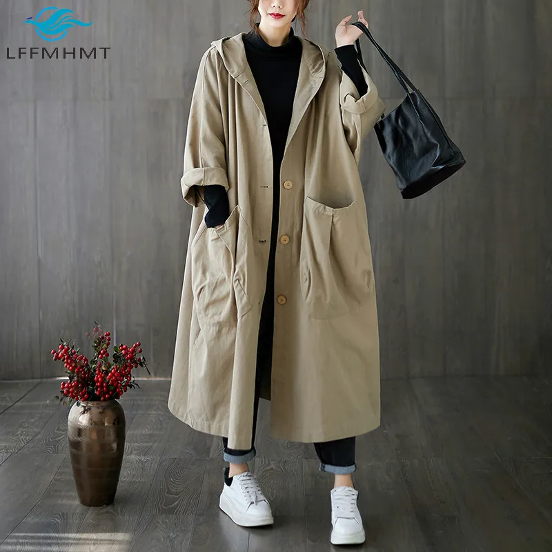 

Winter Fall Fashion Women Baggy Big Pockets Hooded Long Sleeve Trench Office Lady Korean Style Oversized Casual Loose Coats