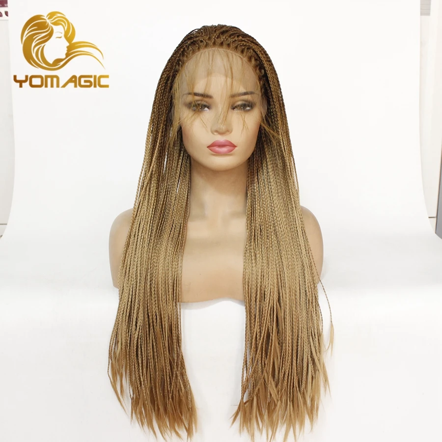Yomagic Hair Two Tone Color Braided Synthetic Hair Wigs Ombre Honey Blonde Resistant Hair Lace Front Wigs for Women Baby Hair