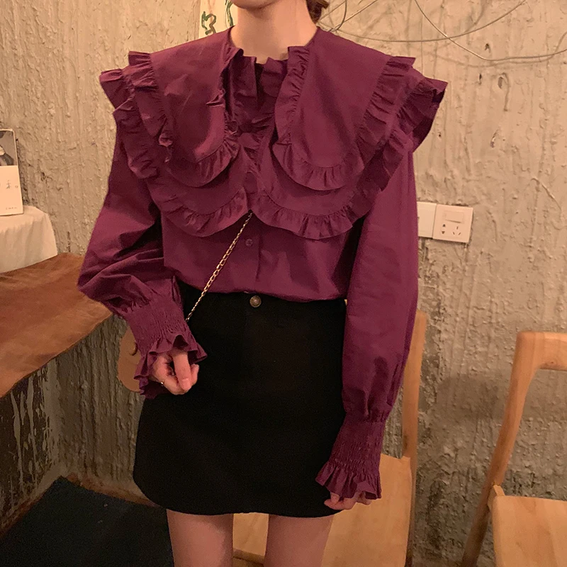 

Real Shot 2021 Spring Autumn Korean Edition Versatile Casual Young Girl Collar Pleated Sleeve Shirt Woman
