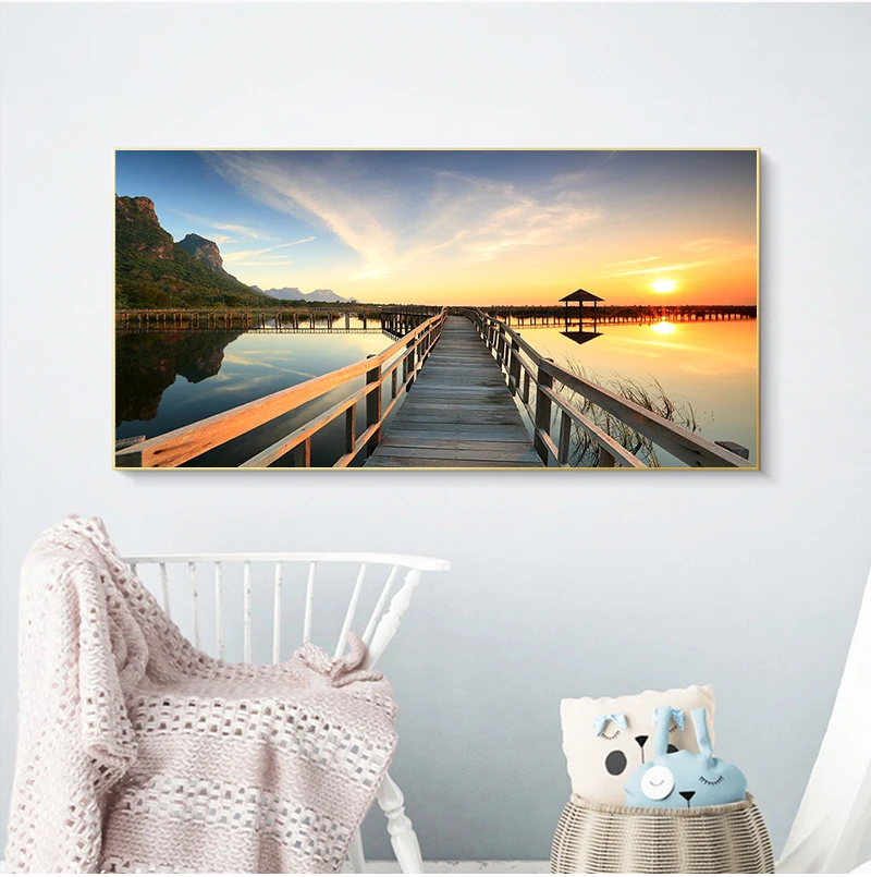 

Sunsets Bridge Wooden Lake Landscape Posters and Prints Canvas Painting Cuadros Scandinavian Wall Art Picture for Living Room