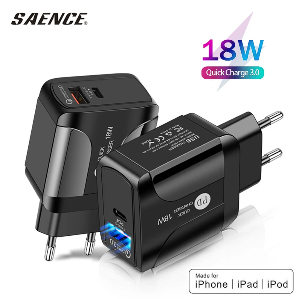 

2in1 PD USB Charger 18W/20W 3A Quik Charge 3.0 Universal Mobile Phone Charger For iPhone 11 12 Samsung Xiaomi Fast Wall Chargers