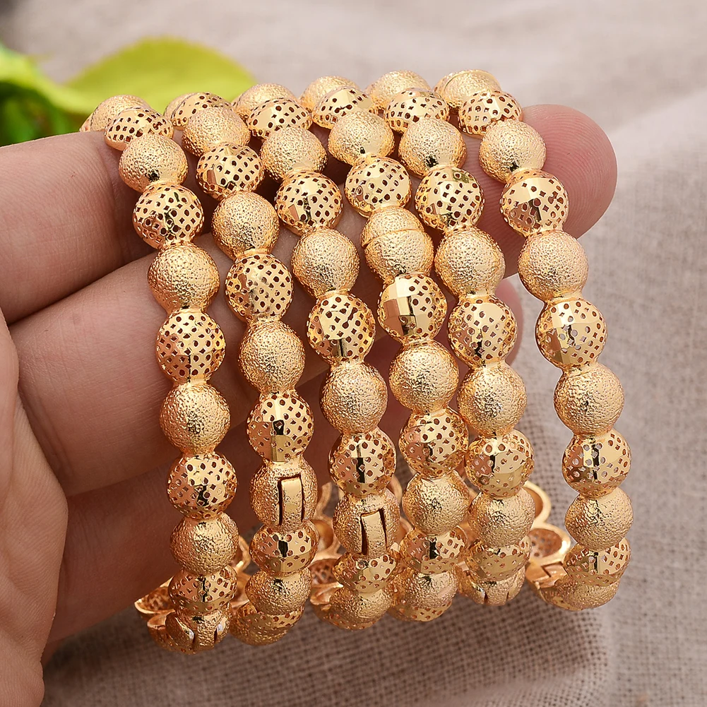 

6Pcs/Lot African Dubai Gold Color Bangles For Women Bridal Bracelets Wedding Round Bead Wife Friend JeweLry Gift