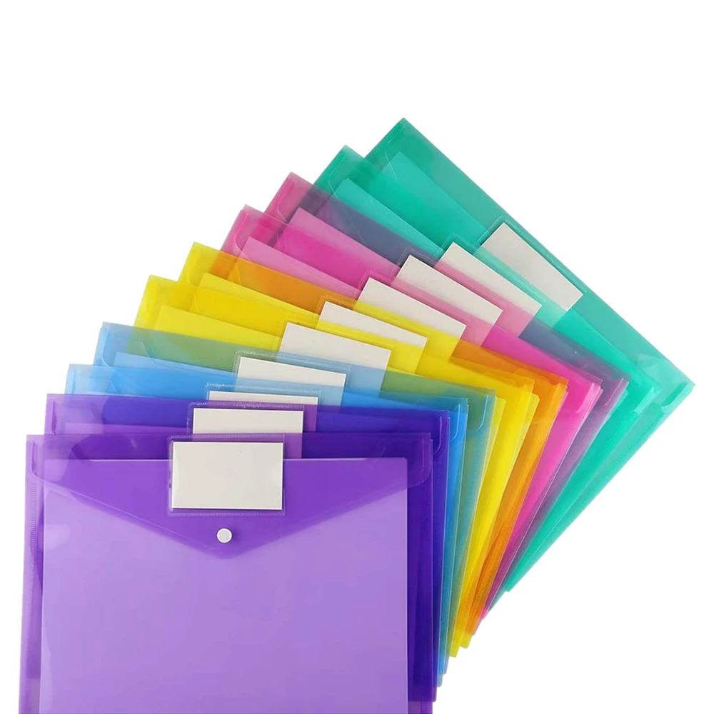 10 Pack Document Folders with Label Pocket & Snap Button Plastic Envelopes File for School Home Work Office Organization | Канцтовары