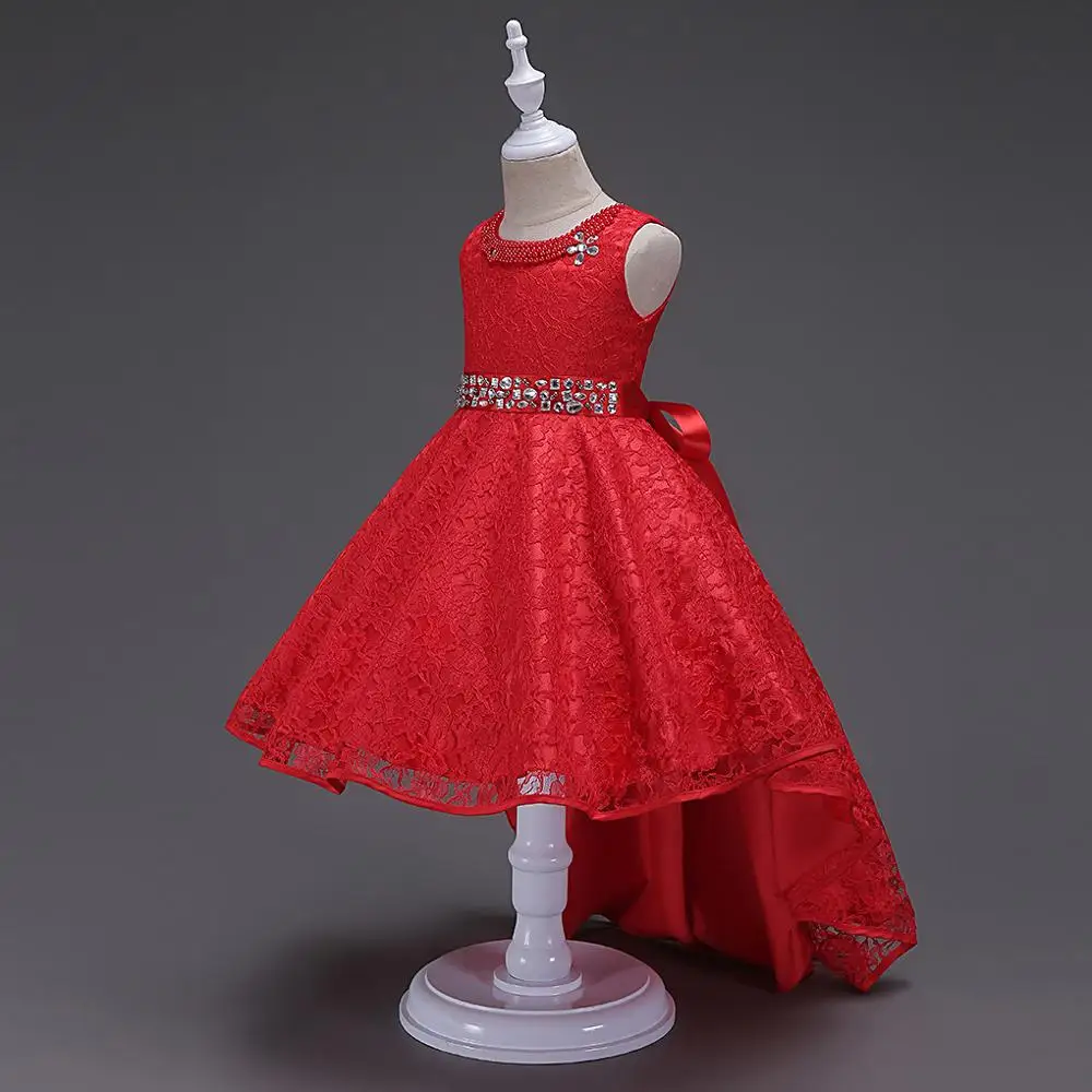 Lace Tea Length Pearl Sash Girl Clothing Princess Evening Dresses for Girls Red Beige Blue Black Asymmetrical Prom Dress | Детская