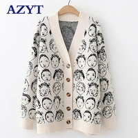 azyt autumn winter new comic v neck cardigan female jacket knitwear sweater coat casual knit pull femme sweater for women