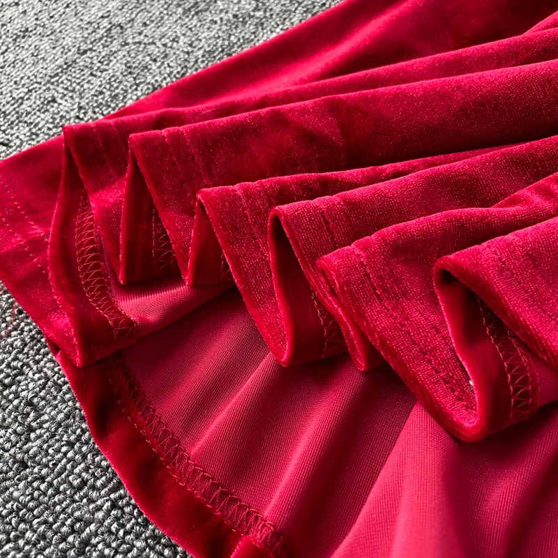 

Women's Spring Autumn Long Sleeve Velvet Dress Solid V-Neck High Waist Elegant Casual Midi Dress Vintage French Dress