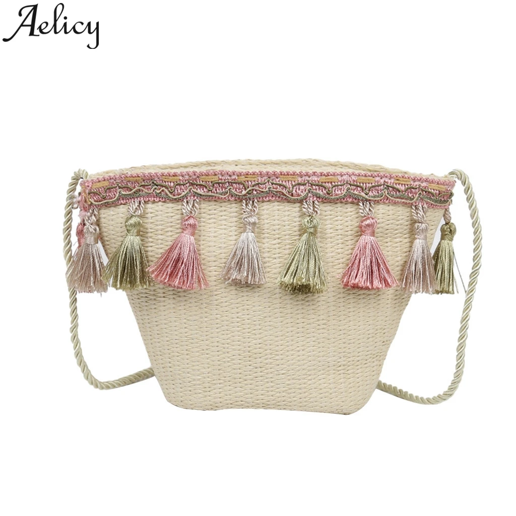 Aelicy 2019 Женская винтажная пляжная соломенная сумка в этническом стиле с лентой и