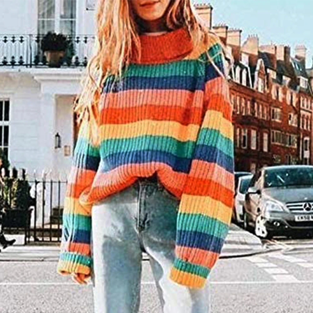 Loose Pullover Women Sweater Spring Party Comfortable Rainbow Striped Winter Soft Charming Long Sleeves Autumn Casual Turtleneck | Женская