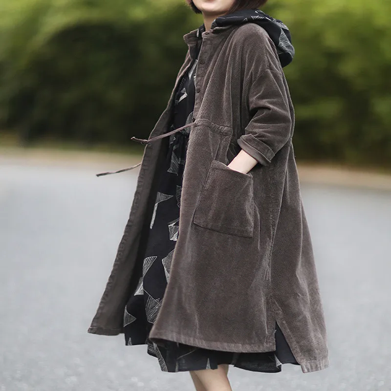 

Autumn Winter Female Literature Art Vintage Windbreaker Loose Femme Mid-long Corduroy Drawstring Trench Coat Women Outwear