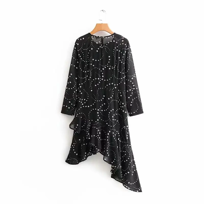 VOGUEIN New Womens Stars Print Transparent O-Neck Chiffon Asymmetrical Black Mini Dress Wholesale | Женская одежда