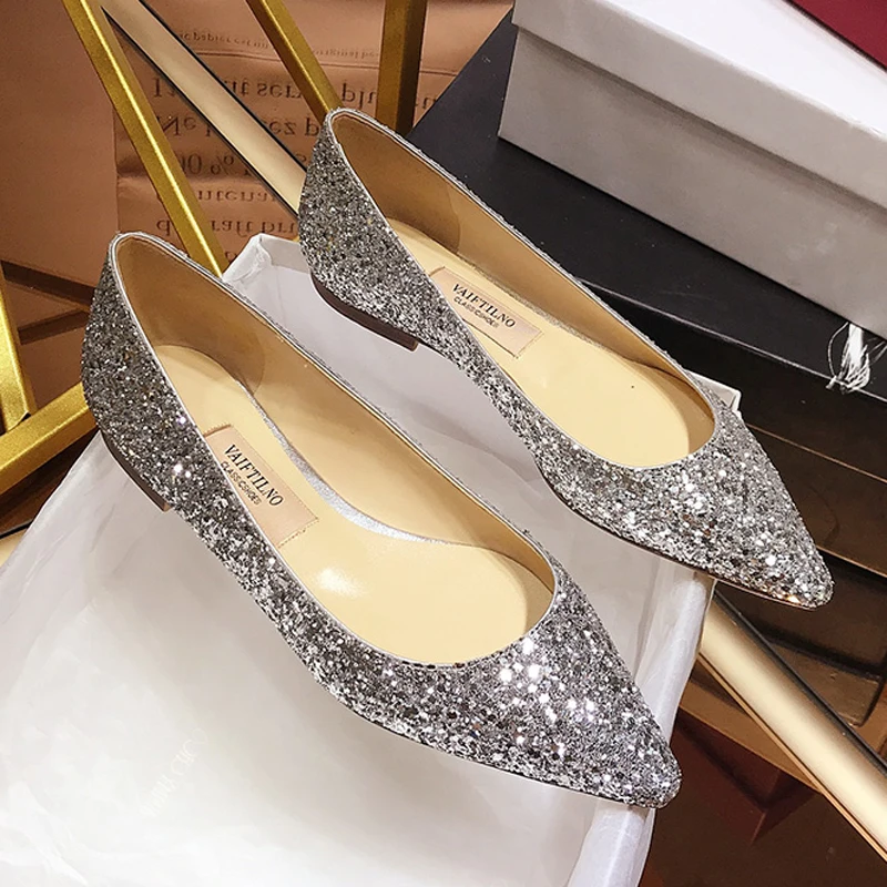 

Princess Glass Shoes Ladies Glitter Flats Sequins Bridal Shoes Girls Bridemaid Ballets Loafers Female Crystal Shoes Large Size