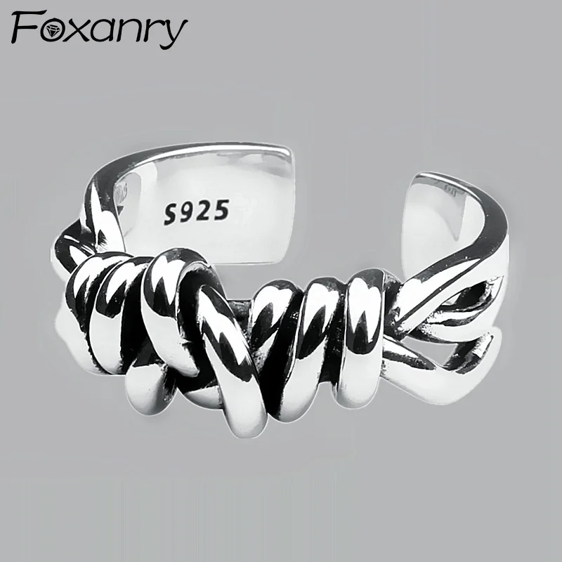 Foxanry-Anillo de Plata de Ley 925 para mujer, sortija de cuerda tejida, diseño Vintage, con