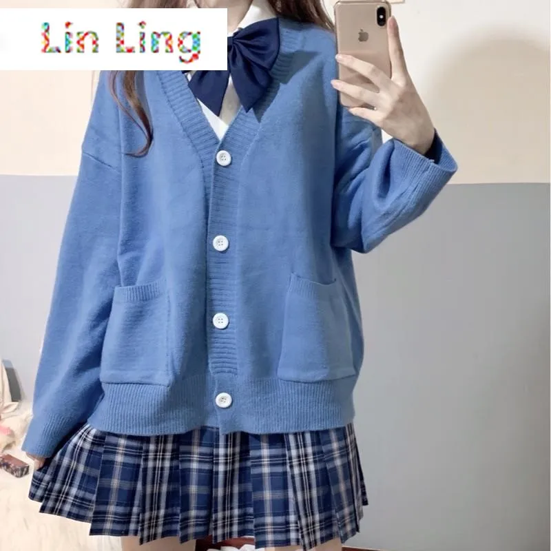 

Japan School Sweater Spring Autumn 100% V-neck Cotton Knitted Sweater JK Uniforms Cardigan Multicolor Student Girls Cosplay