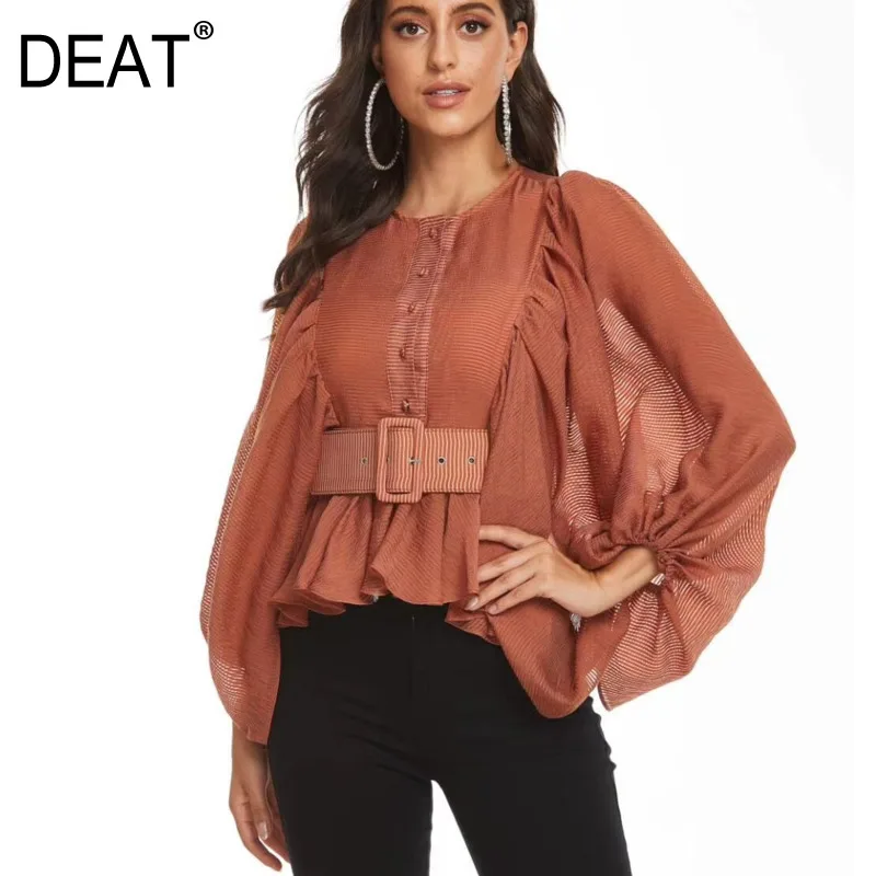 DEAT новинка 2020 летняя мода круглый вырез рукава-фонарики плиссированные