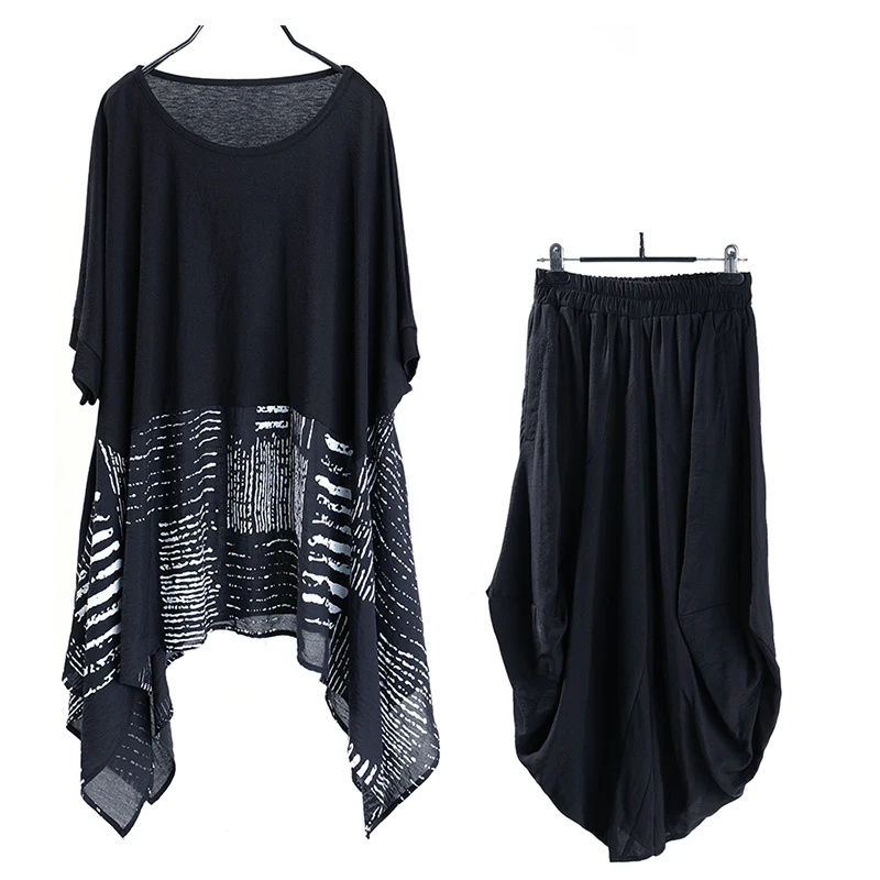 

XITAO Print Patchwork Two Piece Set Women Loose Fashion Casual Elastic Waist 2020 New Summer Plus Size Women Clothes ZYQ4136
