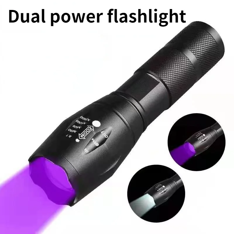 

Dual Light Source Zoom Flashlight T6 Purple Light Money Detector UV Ultraviolet Scorpion Lamp Fluorescent Agent Detection Lamp