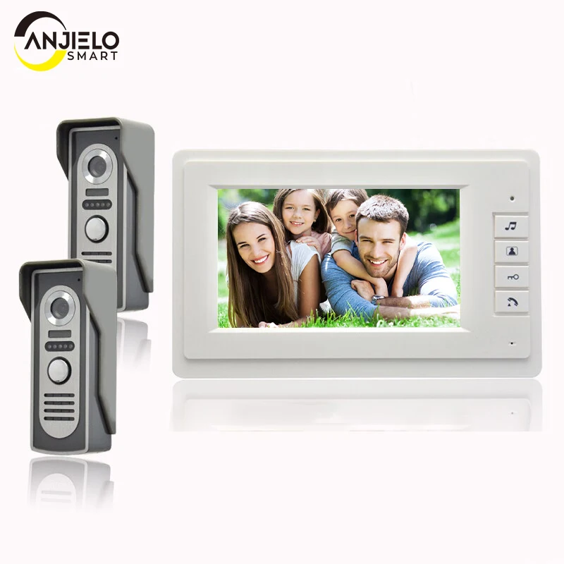 AnjielaSmart Home security 7 inch video door phone intercom system 2 cameras 1 monitor 2 door 1 house doorphone Speaker intercom
