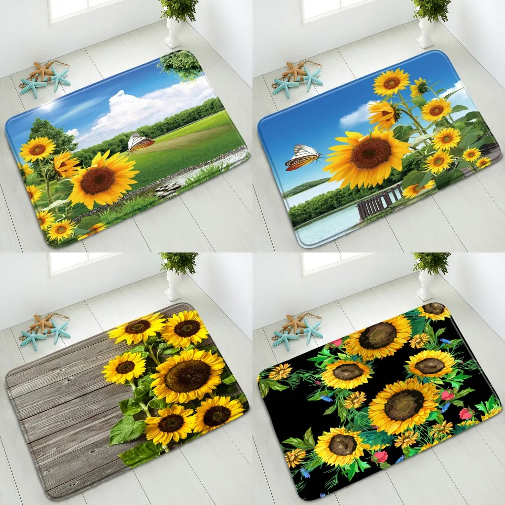 

Color Flower Non-Slip Bathroom Mat Retro Wood Plank Sunflower Floral Green Leaf Black Background Indoor Doormat Absorbent Carpet