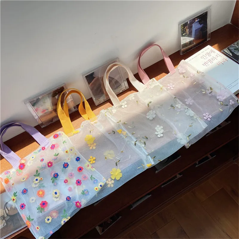

1Pc Summer Embroidered Flower Bag Light Clear Organza Jelly Tote Mesh Fairy Embroidered Tote Bag Shoulder Bags Student Female