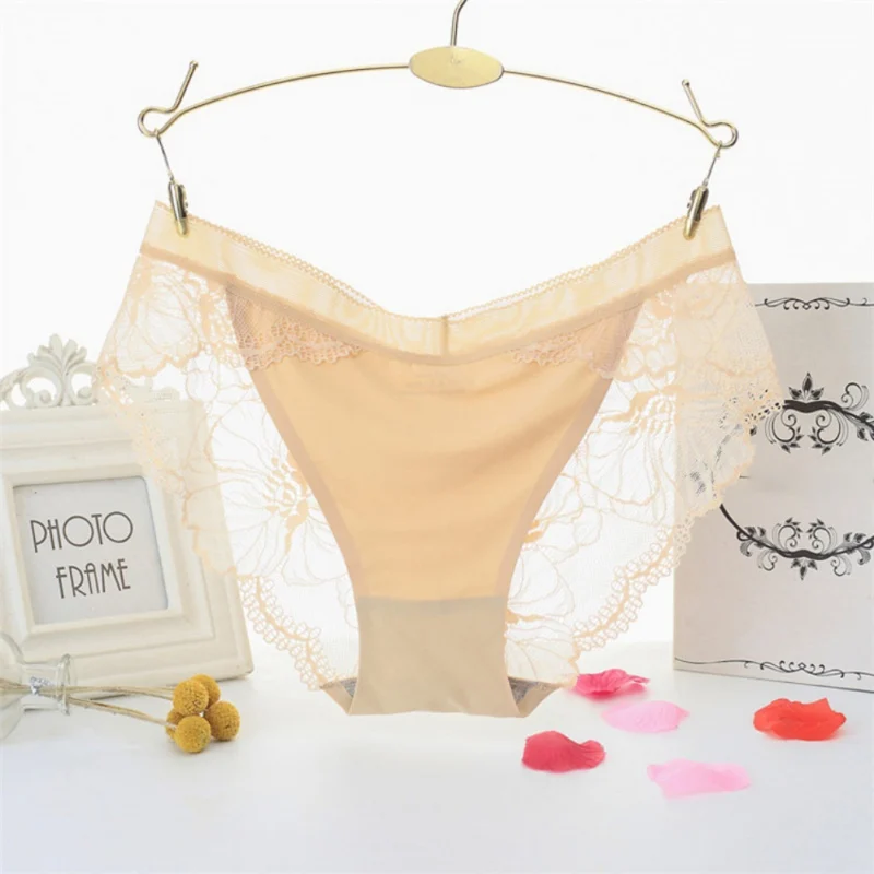 Sexy Lace Transparent Ladies Panties Perspective Mid-waist Ice Silk Briefs Solid Color Seamless Cotton Underwear For | Женская одежда