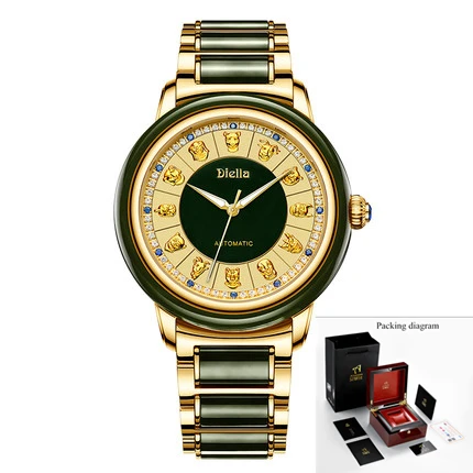 

New Jade Watch Men Gold-plated Diamond Couple Women Watches Fashion 12 Zodiac Embossed New Year Gift Jasper Business Male Clock