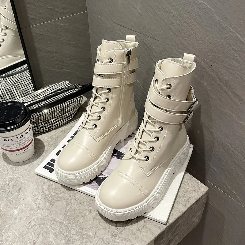 Platform women's ankle boots 2022 autumn and winter warm plush PU leather Botas Mujer platform lace-up shoes women