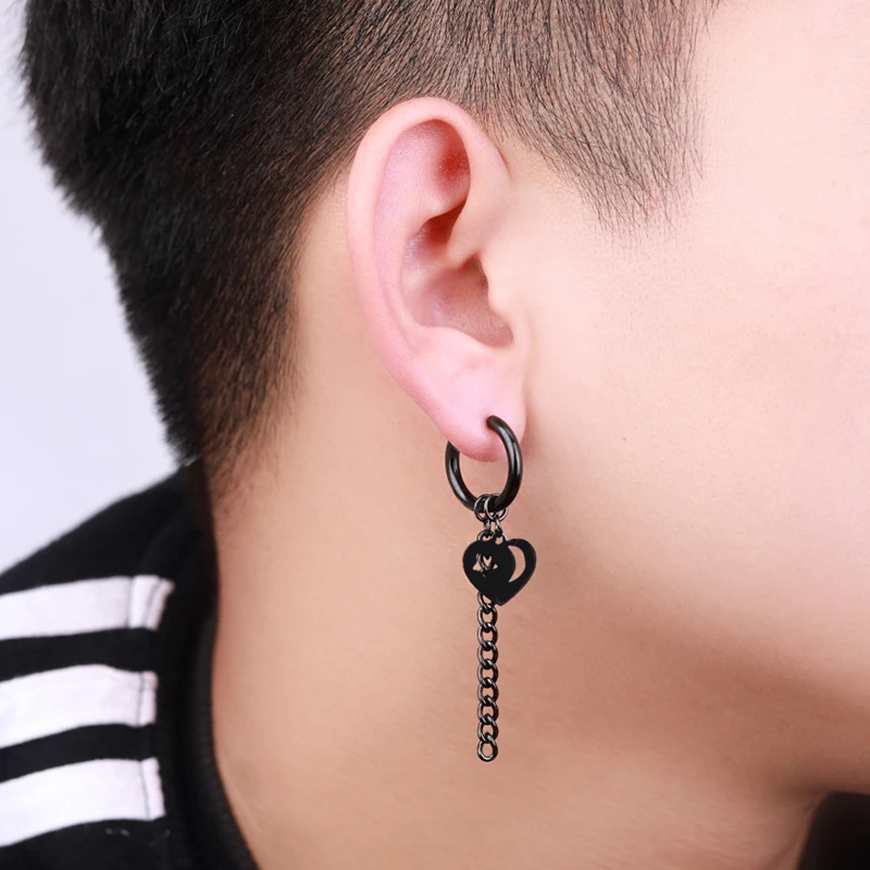 

XiaoboACC Korean Fashion Titanium Steel Love Tassel Chain Earrings for Men