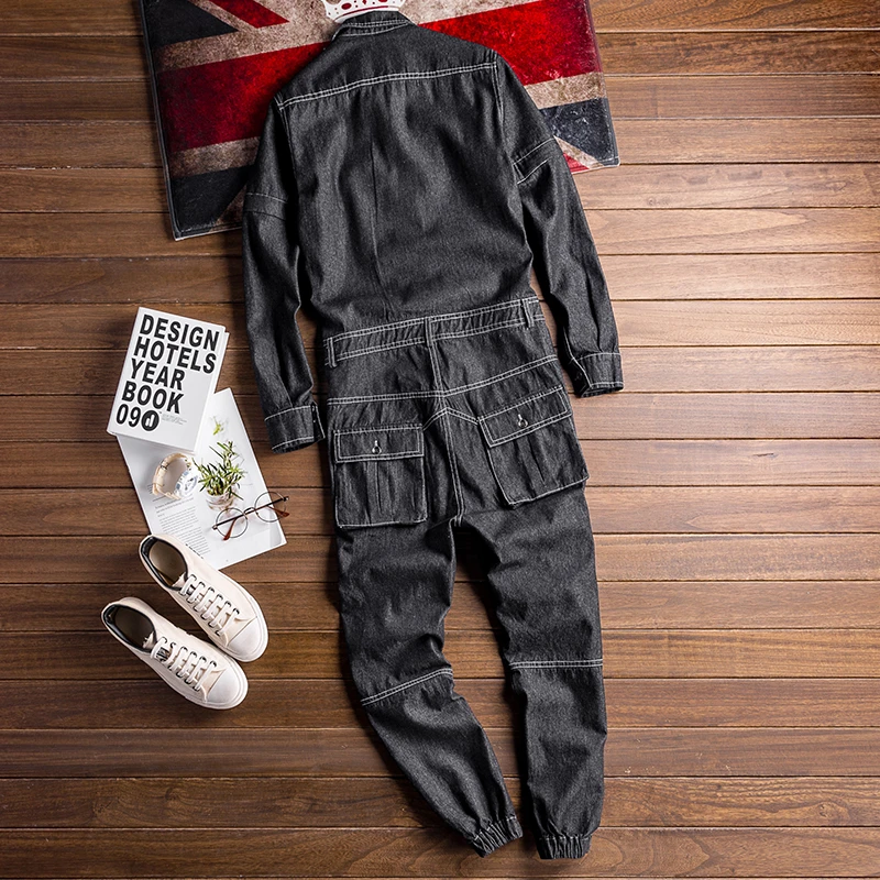 Men's Denim Jumpsuit Lapel Long Sleeve Removable Beam Feet Black Overalls Streetwear Hip-Hop Jeans Cargo Pants Leisure Trousers