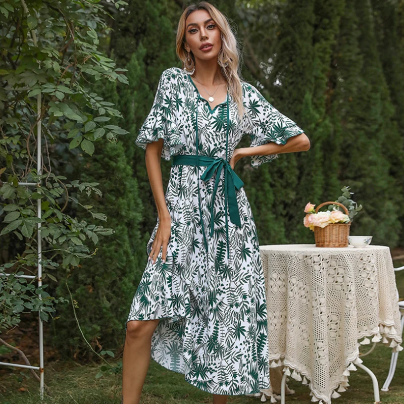 

Fashion Ladies Boho Leopard Print Shirt Dress Women Casual Midi Holiday Summer Dress Female High Waist Beach Dresses