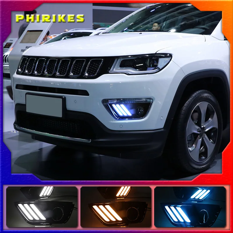 

Дневные ходовые огни, 1 комплект светодиодный светодиодные дневные ходовые огни 12 В, противотуманная фара с желтым отверстием, сигнальная лампа для Jeep Compass 2017 2018 2019