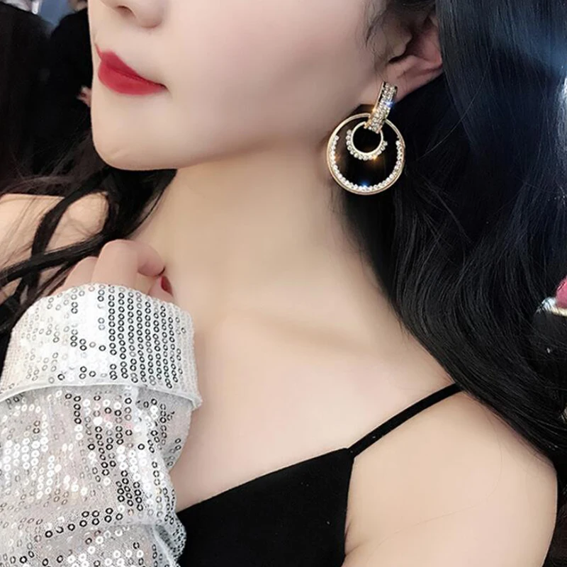 2 Pcs/Set Bohemian Women Earrings Crystal Size Round Pendant Gold Silver Color Drop Stud Earring Set Temperament Party Jewelry | Украшения
