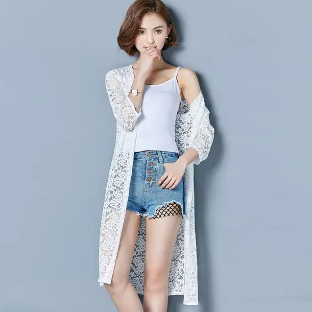 Женская летняя накидка белая пляжная длинная кружевная Сексуальная куртка