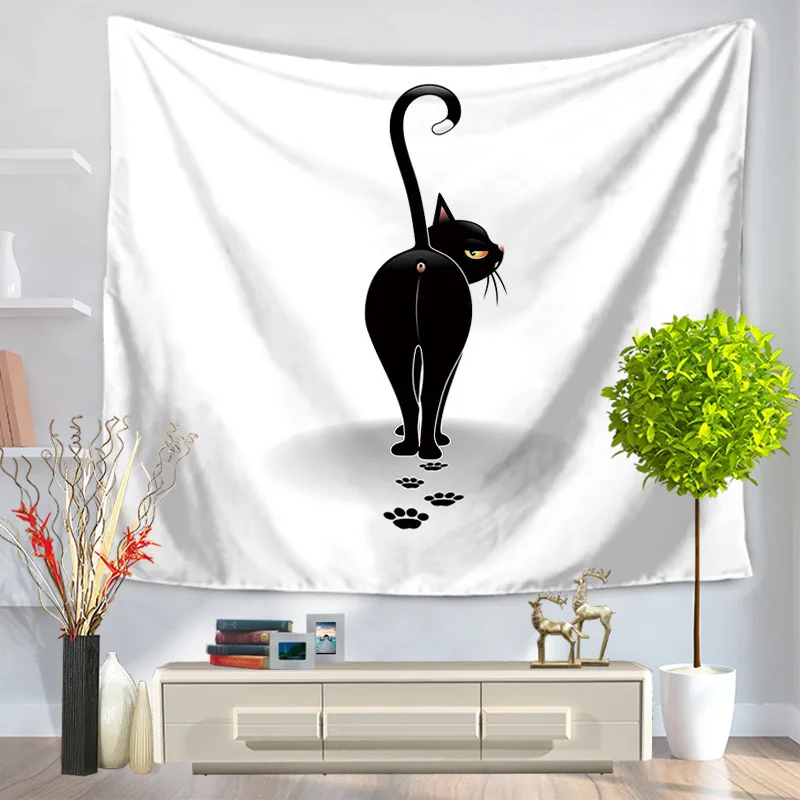 Черно белые милые гобелен с кошками тентуре Murale Мандала узор в виде черного кота