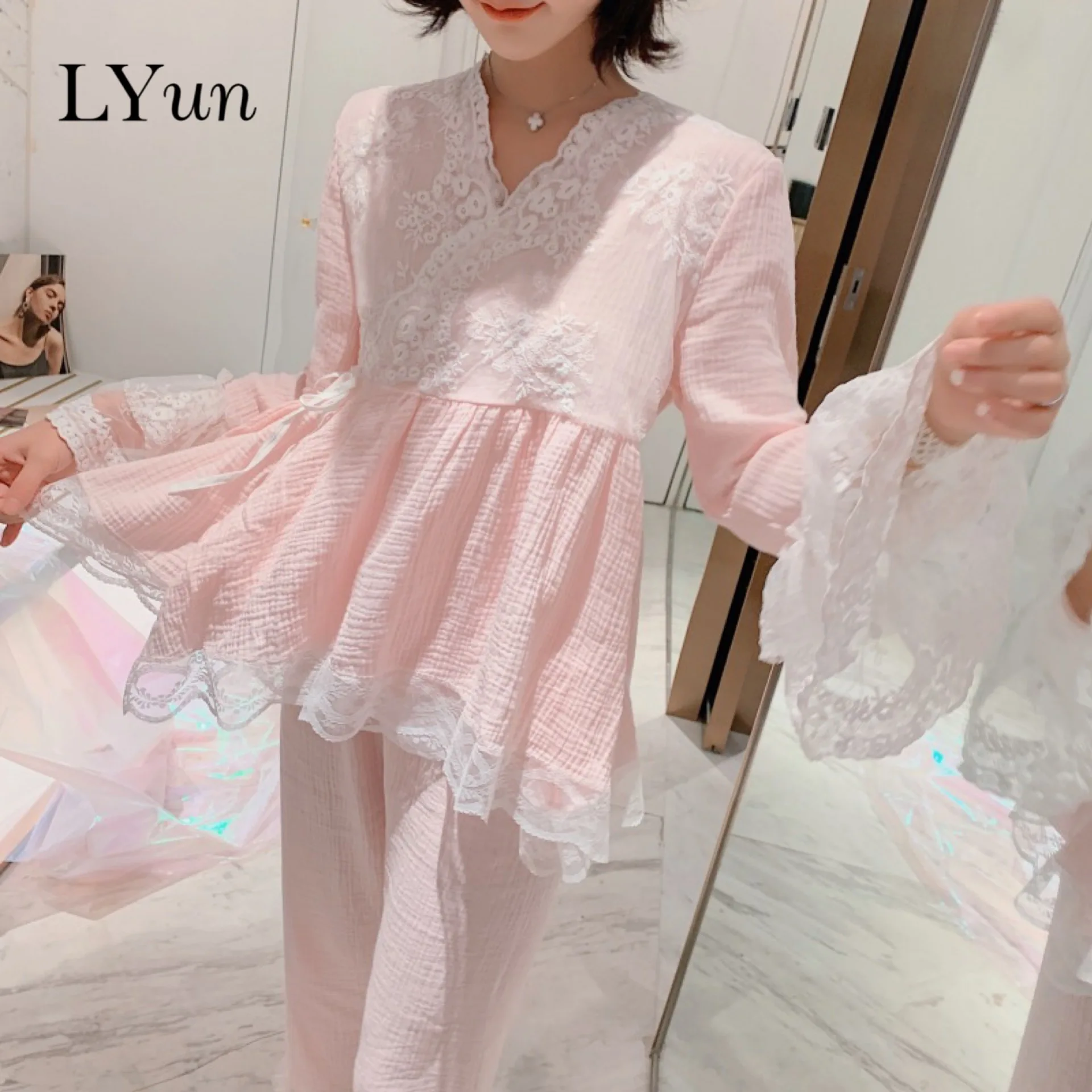 LY весна и осень новая Корейская версия хлопковой марли Женский пижамный комплект