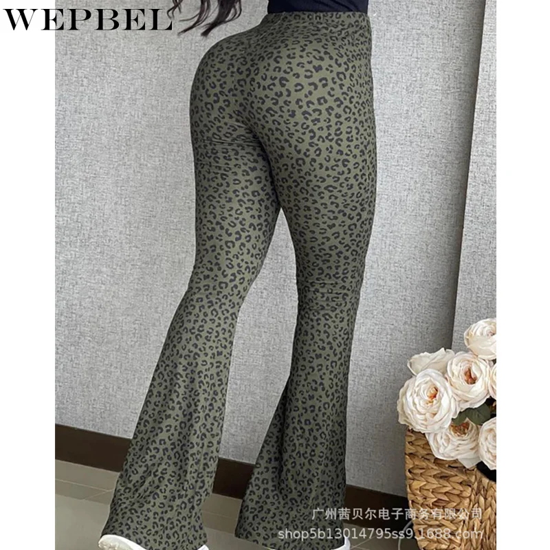 

WEPBEL Women's Sexy Leopard Flare Pants Leggings Ladies Elegant High Waist Elastic Wide Leg Trousers Hip Lift Leggings
