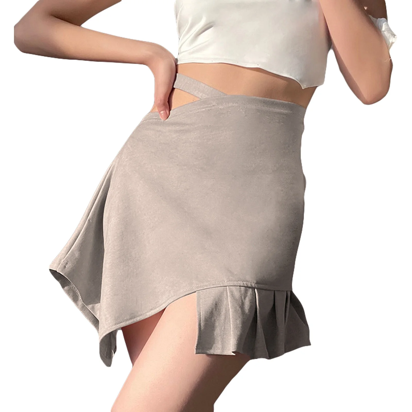 

Women Casual Close-fitting Skirt, Khaki Solid Color Irregular Pleated Hem Hollow Out Dress
