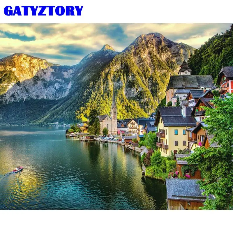 

GATYZTORY DIY картины с номером домики у озера наборы ручная роспись картины Искусство Пейзаж Природный рисунок на холсте подарок для дома De