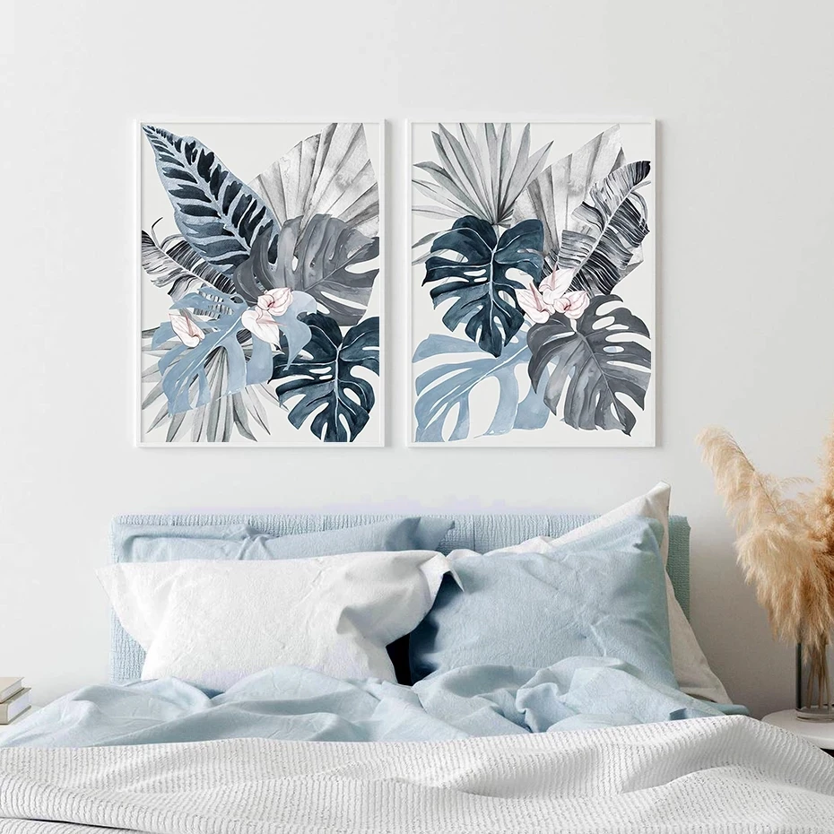 

Modern Elegant Floral Plant Canvas Painting Tropical Blue Palm Leaf Wall Art Picture for Bedroom Home Decoration No Frame