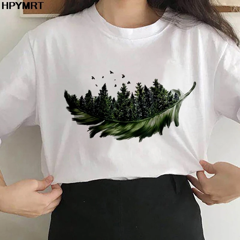 

New Summer Tshirt Women Feather Bird Short Sleeve Print Fashion Lady Clothes Tshirt Female Tee Top Graphic Short sleeve T-shirt