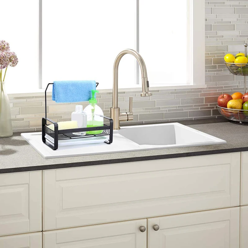 

Sponge Holder with Dishcloth Drying Rack, Kitchen Sink Organizer Caddy Tray Sponge Brush Soap Holder with Drain Tray