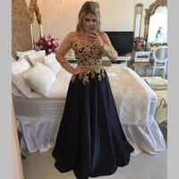 abendkleider gold appliques beaded a line mother of the bride dresses long sleeve black prom gown formal dress robe de soiree