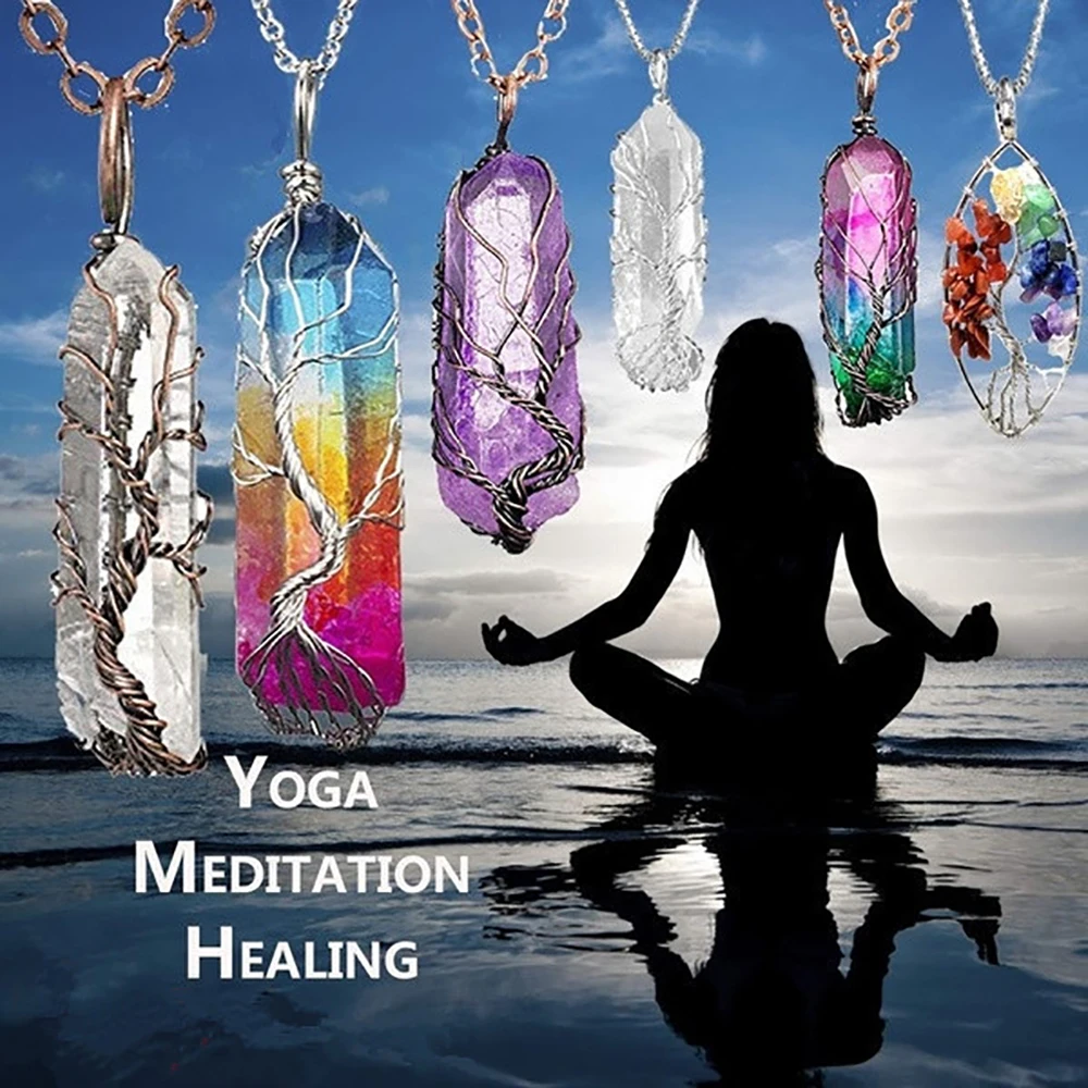 

Healing Crystal Tree of Life Wire Wrapped Colorful Raw Stone Chakra Pendant Reiki Hexagonal Pointed Clear Quartz Yoga Meditation