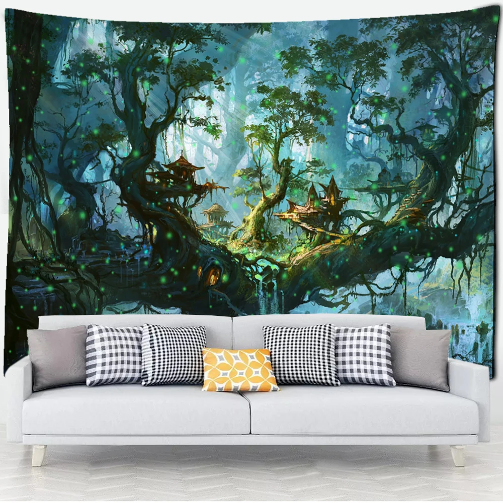

Psychedelic Castle Wishing Tree Tapestry Fairy Tale Scenery Wall Hanging Bohemian Aesthetics Room Living Room Decor