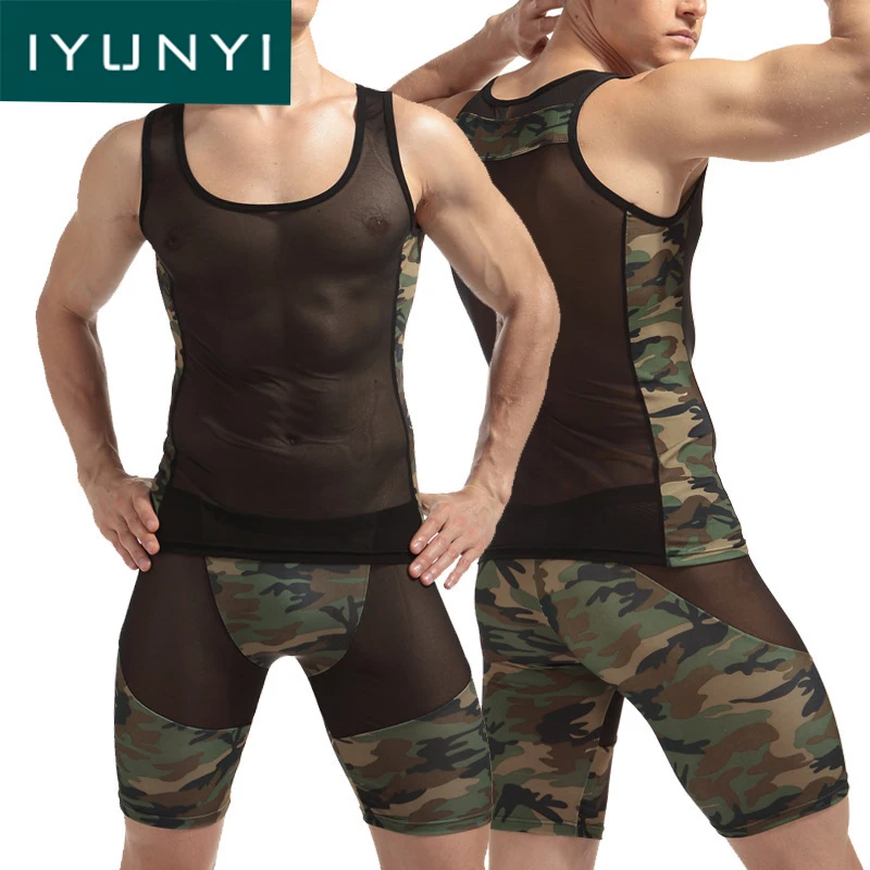 IYUNYI 1 комплект сетчатые сексуальные мужские майки прозрачный жилет майка трусы